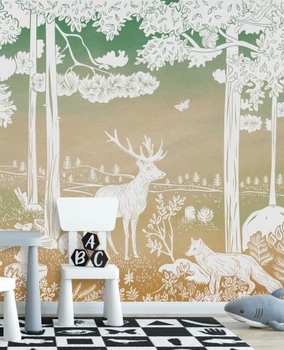 mural verde de bosque para niños llamado Monochrome Forest - Green Sky de Kikki Belle