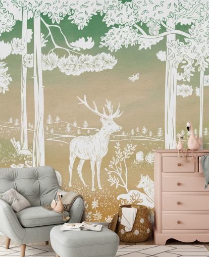 carta da parati murale verde per bambini chiamata Monochrome Forest - Green Sky di Kikki Belle