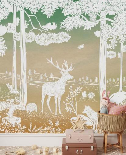 mural verde de bosque para niños llamado Monochrome Forest - Green Sky de Kikki Belle mural verde de bosque para niños llamado Monochrome Forest - Green Sky de Kikki Belle