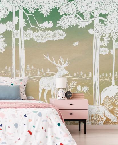 mural de papel de parede verde para crianças chamado Monochrome Forest - Green Sky de Kikki Belle mural de papel de parede verde para crianças chamado Monochrome Forest - Green Sky de Kikki Belle