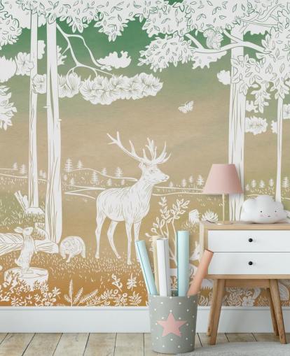 Grünes Wald-Wandbild für Kinder namens Monochrome Forest - Green Sky von Kikki Belle Grünes Wald-Wandbild für Kinder namens Monochrome Forest - Green Sky von Kikki Belle