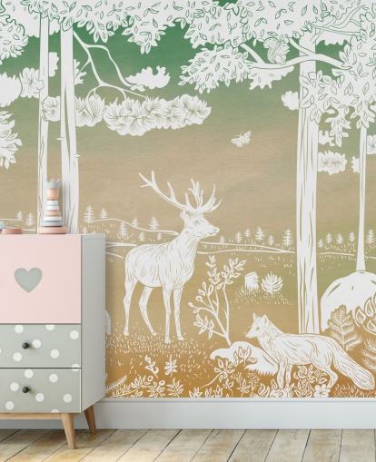 mural de papel de parede verde para crianças chamado Monochrome Forest - Green Sky de Kikki Belle