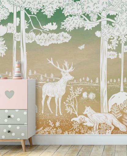 green kids forest wallpaper mural called Monochrome Forest - Green Sky by Kikki Belle