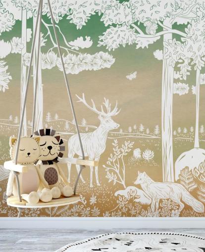 green kids forest wallpaper mural called Monochrome Forest - Green Sky by Kikki Belle