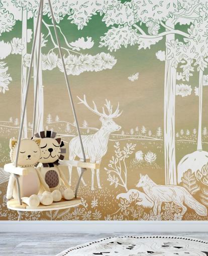 groene bosmuurschildering voor kinderen genaamd Monochrome Forest - Green Sky van Kikki Belle