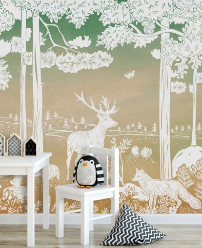 mural de papel de parede verde para crianças chamado Monochrome Forest - Green Sky de Kikki Belle