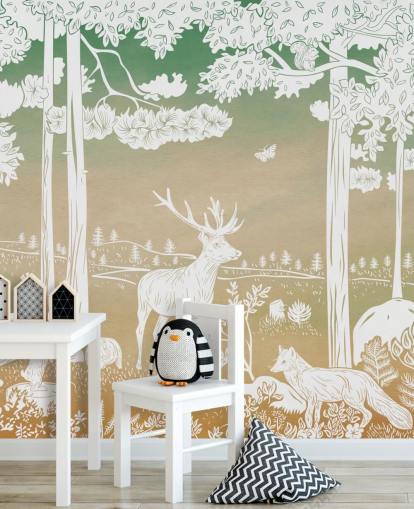 green kids forest wallpaper mural called Monochrome Forest - Green Sky by Kikki Belle