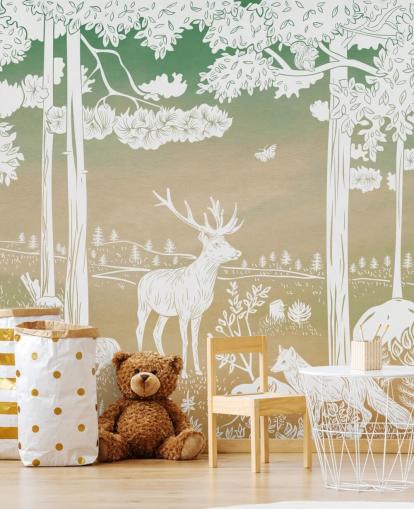 carta da parati murale verde per bambini chiamata Monochrome Forest - Green Sky di Kikki Belle
