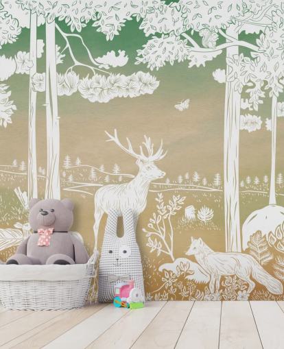 Grünes Wald-Wandbild für Kinder namens Monochrome Forest - Green Sky von Kikki Belle