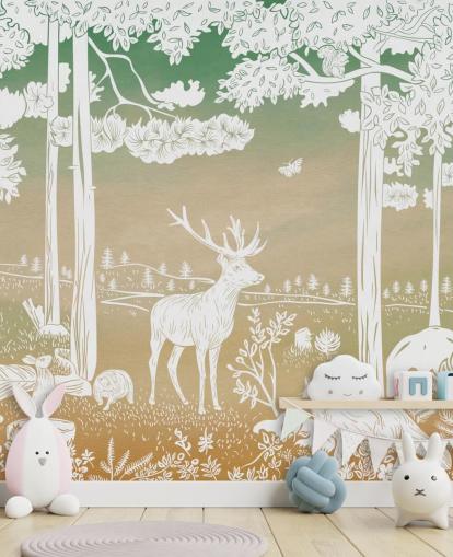 carta da parati murale verde per bambini chiamata Monochrome Forest - Green Sky di Kikki Belle