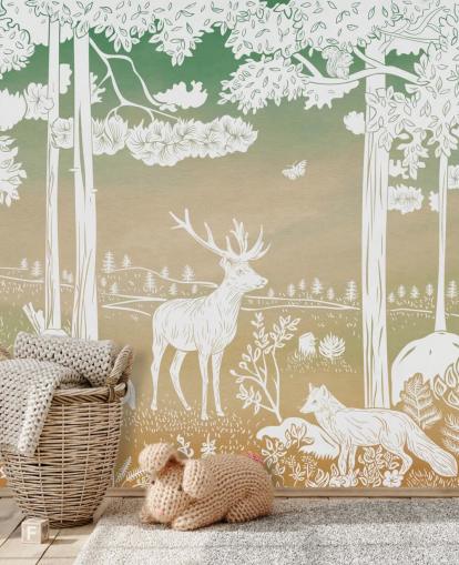 Grünes Wald-Wandbild für Kinder namens Monochrome Forest - Green Sky von Kikki Belle