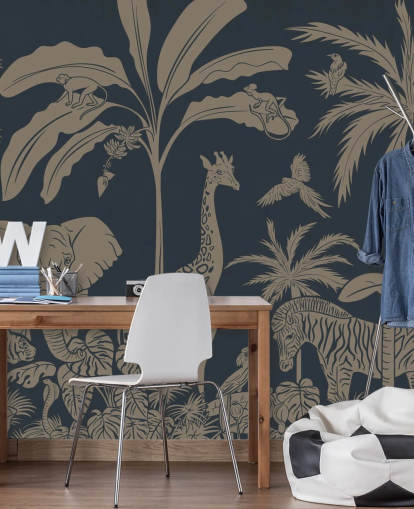 dark blue jungle wallpaper mural called Monochrome Jungle - Vintage Blue by Kikki Belle for children's bedrooms and nurseries dark blue jungle wallpaper mural called Monochrome Jungle - Vintage Blue by Kikki Belle for children's bedrooms and nurseries