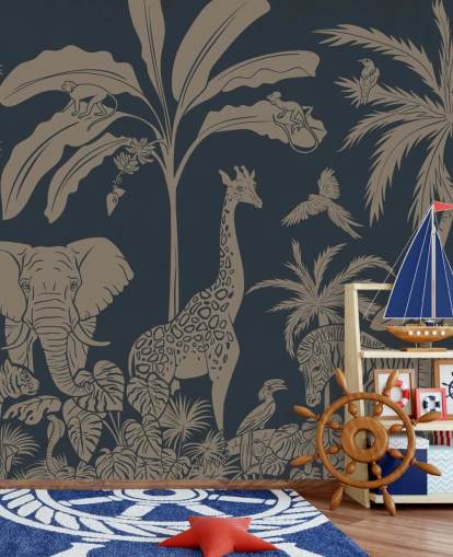 dark blue jungle wallpaper mural called Monochrome Jungle - Vintage Blue by Kikki Belle for children's bedrooms and nurseries