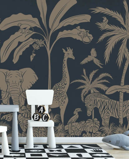 mørkeblå jungel tapet veggmaleri kalt Monochrome Jungle - Vintage Blue av Kikki Belle for barnas soverom og barnehager mørkeblå jungel tapet veggmaleri kalt Monochrome Jungle - Vintage Blue av Kikki Belle for barnas soverom og barnehager