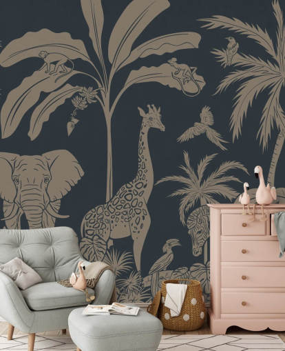 donkerblauwe behangmuurschildering met de naam Monochrome Jungle - Vintage Blue van Kikki Belle voor kinderkamers en kinderdagverblijven