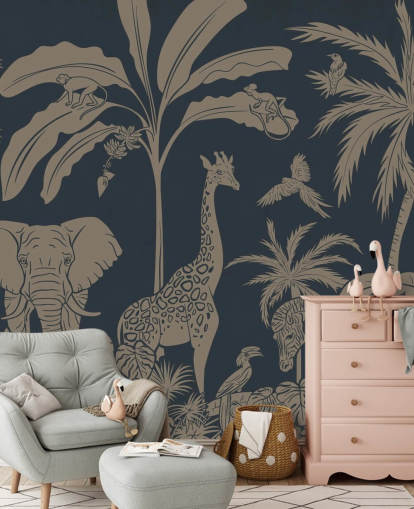 mørkeblå jungle tapetmaleri kaldet Monochrome Jungle - Vintage Blue af Kikki Belle til børns soveværelser og børnehaver