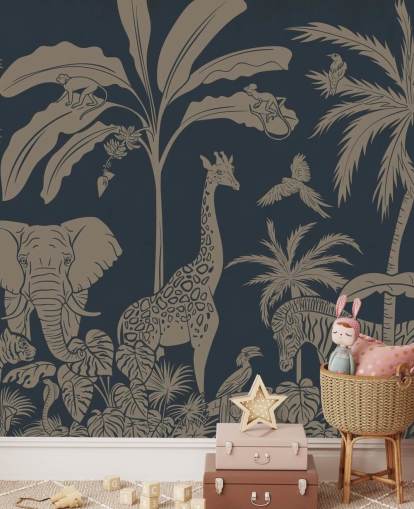 mørkeblå jungle tapetmaleri kaldet Monochrome Jungle - Vintage Blue af Kikki Belle til børns soveværelser og børnehaver