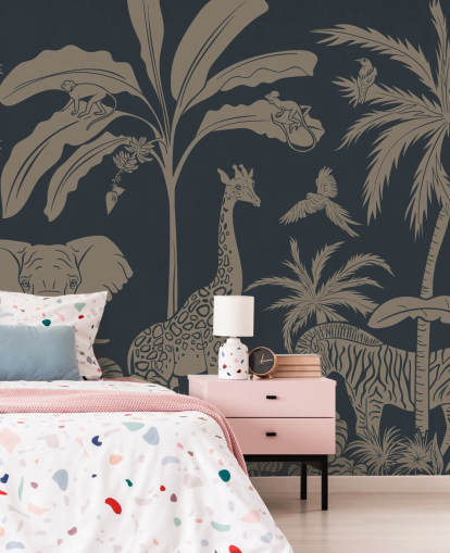 dark blue jungle wallpaper mural called Monochrome Jungle - Vintage Blue by Kikki Belle for children's bedrooms and nurseries