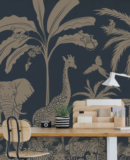 dark blue jungle wallpaper mural called Monochrome Jungle - Vintage Blue by Kikki Belle for children's bedrooms and nurseries
