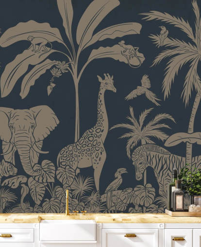mural azul oscuro de la jungla llamado Monochrome Jungle - Vintage Blue de Kikki Belle para dormitorios y guarderías infantiles