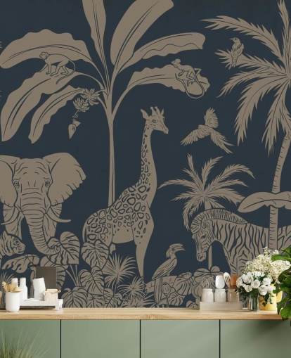 dark blue jungle wallpaper mural called Monochrome Jungle - Vintage Blue by Kikki Belle for children's bedrooms and nurseries dark blue jungle wallpaper mural called Monochrome Jungle - Vintage Blue by Kikki Belle for children's bedrooms and nurseries