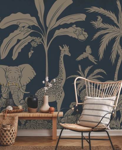 dark blue jungle wallpaper mural called Monochrome Jungle - Vintage Blue by Kikki Belle for children's bedrooms and nurseries