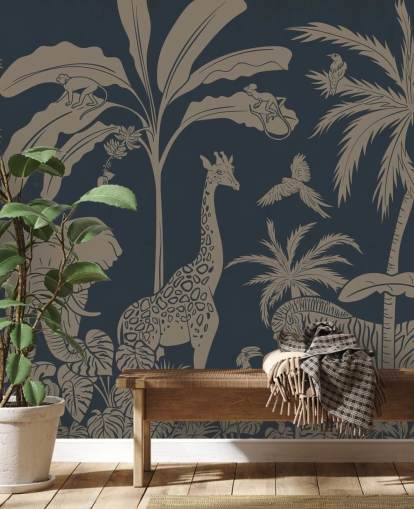dark blue jungle wallpaper mural called Monochrome Jungle - Vintage Blue by Kikki Belle for children's bedrooms and nurseries dark blue jungle wallpaper mural called Monochrome Jungle - Vintage Blue by Kikki Belle for children's bedrooms and nurseries