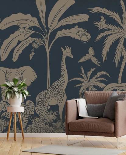 dark blue jungle wallpaper mural called Monochrome Jungle - Vintage Blue by Kikki Belle for children's bedrooms and nurseries dark blue jungle wallpaper mural called Monochrome Jungle - Vintage Blue by Kikki Belle for children's bedrooms and nurseries