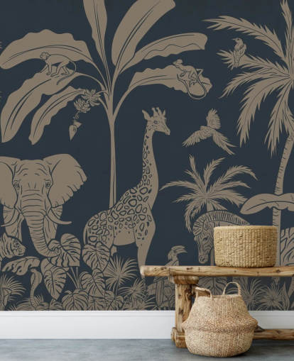 dark blue jungle wallpaper mural called Monochrome Jungle - Vintage Blue by Kikki Belle for children's bedrooms and nurseries