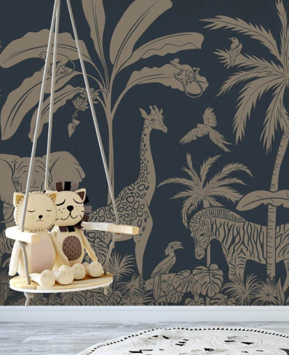 papier peint mural de la jungle bleu foncé appelé Monochrome Jungle - Vintage Blue de Kikki Belle pour les chambres d'enfants et les crèches