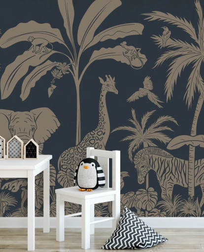 tummansininen viidakon taustakuvamaalaus nimeltään Monochrome Jungle - Vintage Blue by Kikki Belle lasten makuuhuoneisiin ja lastentarhoihin