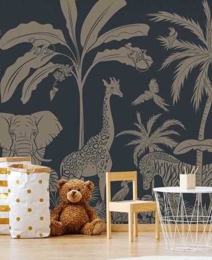 mural azul oscuro de la jungla llamado Monochrome Jungle - Vintage Blue de Kikki Belle para dormitorios y guarderías infantiles