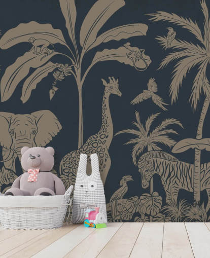 dark blue jungle wallpaper mural called Monochrome Jungle - Vintage Blue by Kikki Belle for children's bedrooms and nurseries