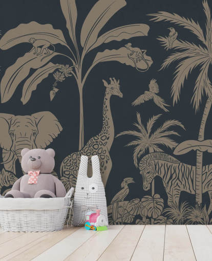 mural de papel de parede azul escuro da selva chamado Monochrome Jungle - Vintage Blue de Kikki Belle para quartos infantis e creches