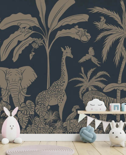 dark blue jungle wallpaper mural called Monochrome Jungle - Vintage Blue by Kikki Belle for children's bedrooms and nurseries