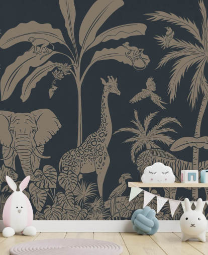 mural de papel de parede azul escuro da selva chamado Monochrome Jungle - Vintage Blue de Kikki Belle para quartos infantis e creches