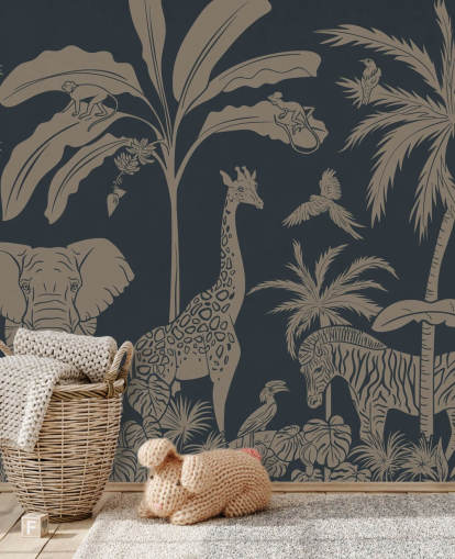 mural azul oscuro de la jungla llamado Monochrome Jungle - Vintage Blue de Kikki Belle para dormitorios y guarderías infantiles