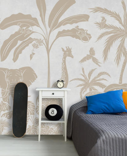 carta da parati murale bianca per bambini chiamata Monochrome Jungle - Vintage White di Kikki Belle per camere da letto