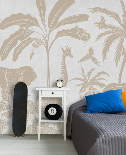 mural de papel de parede branco para crianças chamado Monochrome Jungle - Vintage White de Kikki Belle para quartos