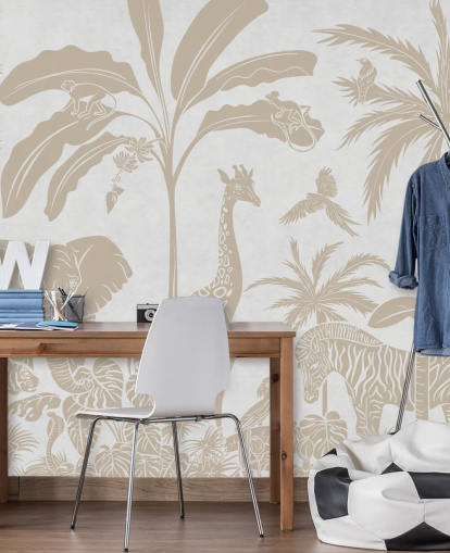 Weiße Dschungel-Tapete für Kinder namens Monochrome Jungle - Vintage White von Kikki Belle für Schlafzimmer