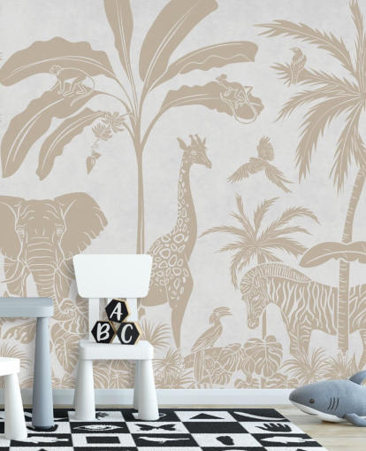 witte junglebehangmuurschildering voor kinderen genaamd Monochrome Jungle - Vintage White van Kikki Belle voor slaapkamers