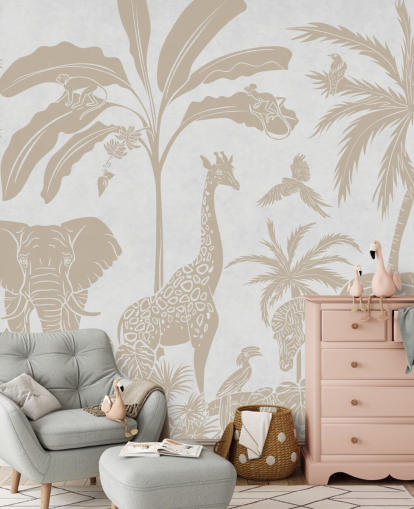 white kids jungle wallpaper mural called Monochrome Jungle - Vintage White by Kikki Belle for bedrooms