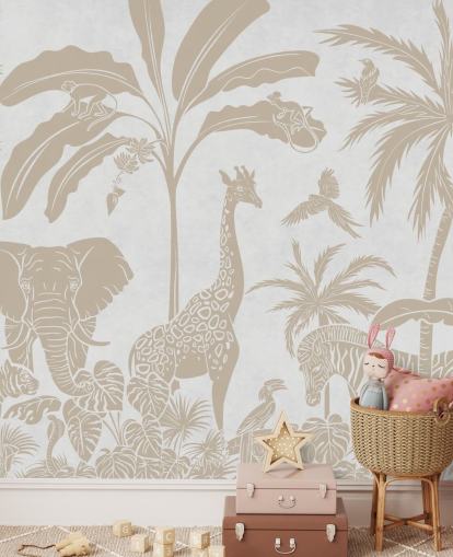 mural de papel de parede branco para crianças chamado Monochrome Jungle - Vintage White de Kikki Belle para quartos mural de papel de parede branco para crianças chamado Monochrome Jungle - Vintage White de Kikki Belle para quartos