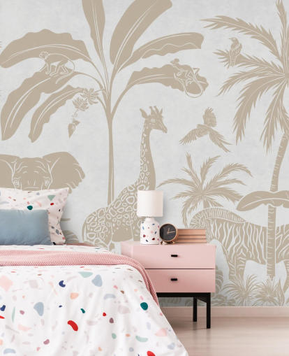 white kids jungle wallpaper mural called Monochrome Jungle - Vintage White by Kikki Belle for bedrooms