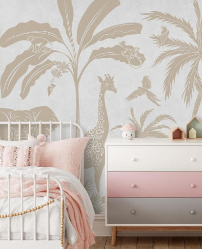 mural de papel pintado blanco para niños llamado Monochrome Jungle - Vintage White de Kikki Belle para dormitorios