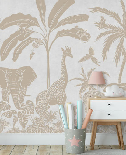 papier peint mural blanc pour enfants appelé Monochrome Jungle - Vintage White de Kikki Belle pour chambres papier peint mural blanc pour enfants appelé Monochrome Jungle - Vintage White de Kikki Belle pour chambres