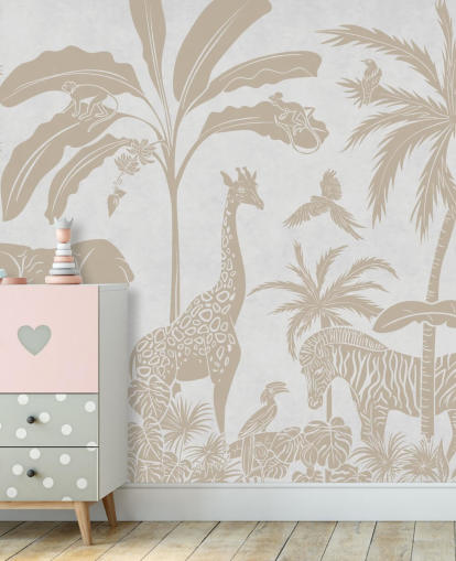 carta da parati murale bianca per bambini chiamata Monochrome Jungle - Vintage White di Kikki Belle per camere da letto carta da parati murale bianca per bambini chiamata Monochrome Jungle - Vintage White di Kikki Belle per camere da letto