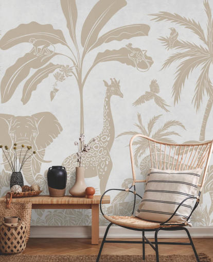 white kids jungle wallpaper mural called Monochrome Jungle - Vintage White by Kikki Belle for bedrooms white kids jungle wallpaper mural called Monochrome Jungle - Vintage White by Kikki Belle for bedrooms