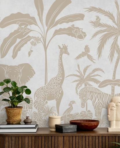 white kids jungle wallpaper mural called Monochrome Jungle - Vintage White by Kikki Belle for bedrooms white kids jungle wallpaper mural called Monochrome Jungle - Vintage White by Kikki Belle for bedrooms