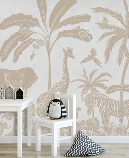 carta da parati murale bianca per bambini chiamata Monochrome Jungle - Vintage White di Kikki Belle per camere da letto